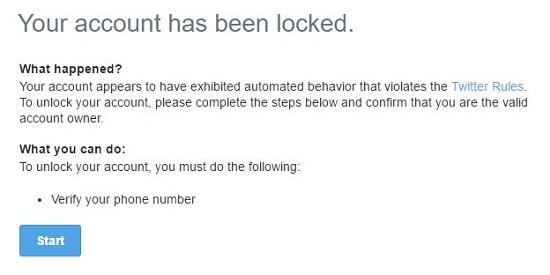 screenshot of locked account