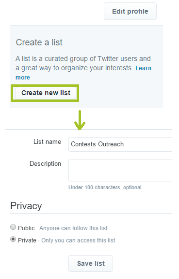 screenshot of creating a list
