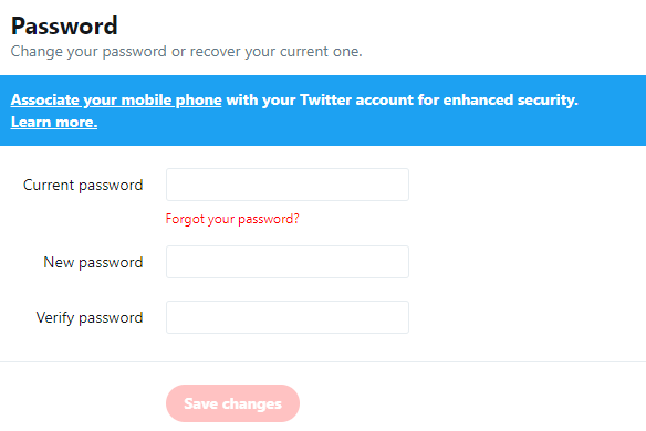 screenshot of changing twitter password
