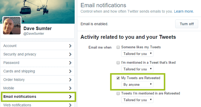 screenshot of twitter email notifications
