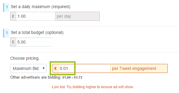 screenshot of twitter ads bid