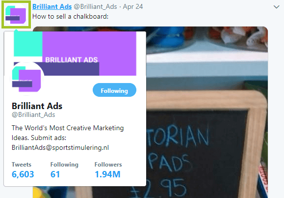 screenshot of profile hover