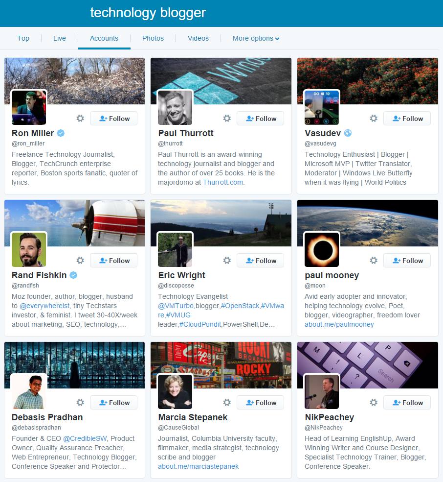 screenshot of Twitter search for Technology Bloggers
