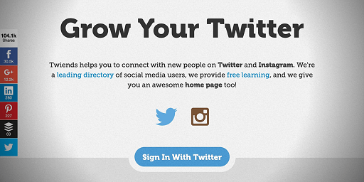 screenshot of Twiends home page